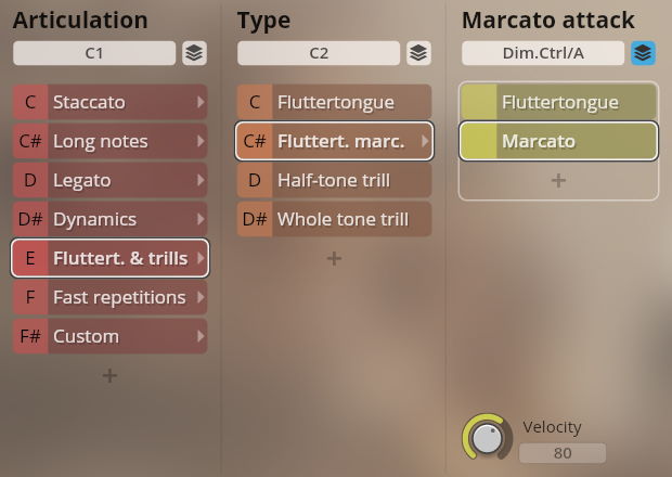 Software interface showing articulation, type, and Marcato attack selections for Synchron Brass instruments, with Fluttert. & trills highlighted under Articulation and Marcato highlighted under Marcato attack.