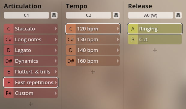 Vienna Symphonic Library Synchron Brass instrument interface showing articulation, tempo, and release settings. Fast repetitions, 120 bpm, and Ringing options are highlighted.