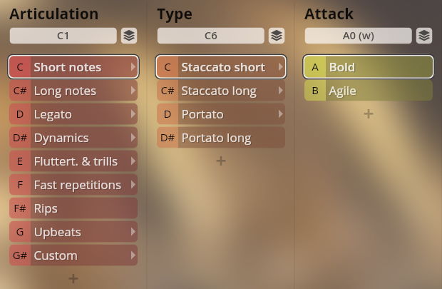 Synchron Brass articulation, type, and attack controls within Vienna Symphonic Library's Synchron Instruments software interface.