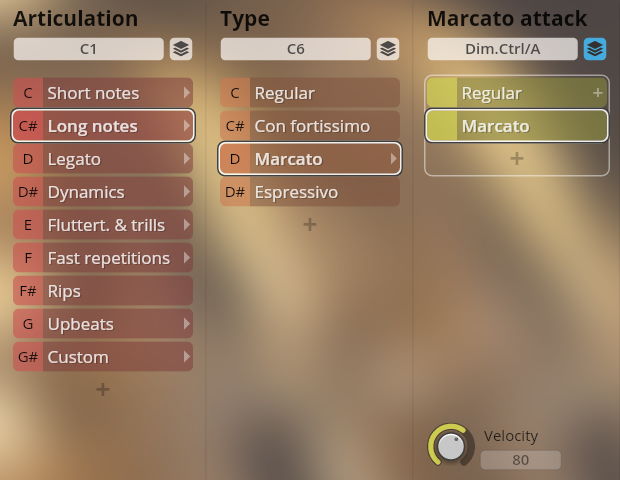 A screenshot of the Vienna Symphonic Library Synchron Instruments interface, displaying selectable options for Articulation (Long notes selected), Type (Marcato selected), and Marcato attack (Marcato selected), along with a Velocity knob set to 80.
