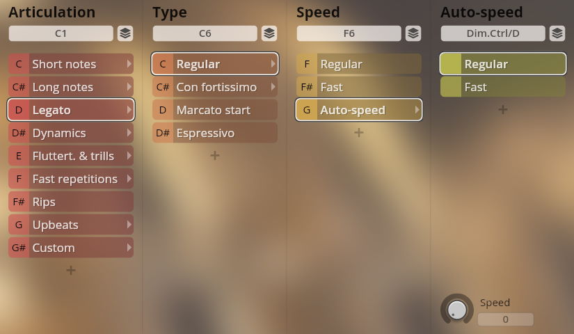 Software interface for Vienna Symphonic Library Synchron Brass, displaying articulation, type, speed, and auto-speed parameters with Legato and Regular options highlighted.