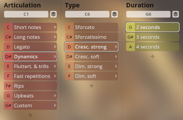 Vienna Symphonic Library Synchron Instruments user interface displaying articulation, type, and duration options with Dynamics, Crescendo Strong, and 2 seconds selected from the musical parameters.