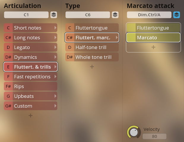 User interface of a digital audio workstation showing articulation, type, and marcato attack settings for Synchron Brass instruments. Options include short notes, long notes, legato, dynamics, fluttertongue, trills, and velocity control.