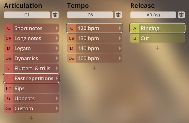 User interface showing sound articulation, tempo, and release options for Synchron Brass instruments, including Short Notes, Long Notes, Legato, Dynamics, Fluttert. & Trills, Fast Repetitions, Rips, Upbeats, Custom, with tempo selections from 120 bpm to 160 bpm, and Ringing or Cut release controls.