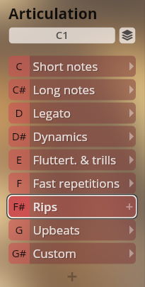 User interface showing articulation options for Synchron Brass instruments, including Short notes, Long notes, Legato, Dynamics, Fluttert. & trills, Fast repetitions, Rips, Upbeats, and Custom.