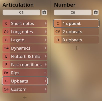 Software interface displaying articulation and upbeat options for Vienna Symphonic Library Synchron Brass instruments.