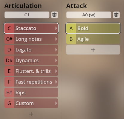 User interface showing Vienna Symphonic Library Synchron Brass instrument articulation options including Staccato, Long notes, Legato, Dynamics, Fluttert. & trills, Fast repetitions, Rips, Custom, and Attack options like Bold and Agile.