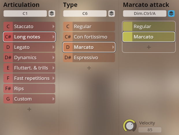 Vienna Symphonic Library Synchron Instruments user interface showing Articulation, Type, and Marcato attack settings with Long notes and Marcato selected, plus Velocity control.