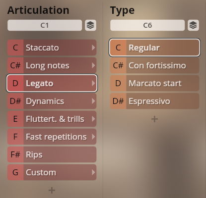 User interface showing Articulation and Type selections for Vienna Symphonic Library Synchron Instruments, with Legato and Regular highlighted.