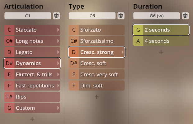 User interface for Vienna Symphonic Library Synchron Instruments showing Articulation, Type, and Duration settings. Dynamics is selected under Articulation, Cresc. strong is selected under Type, and 2 seconds is selected under Duration.