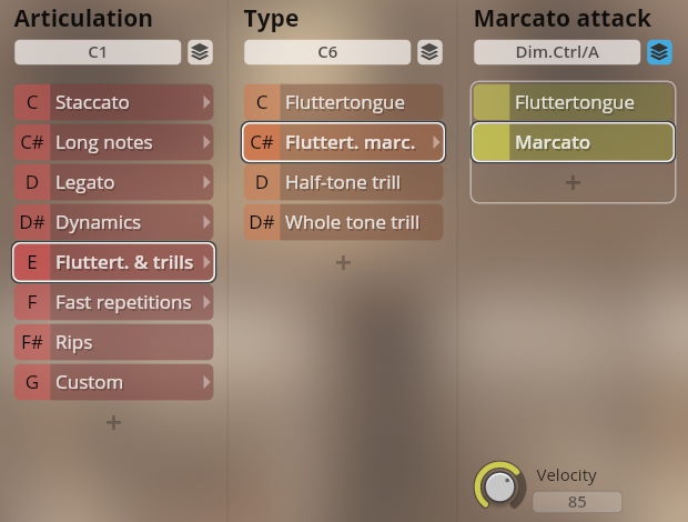 Vienna Symphonic Library Synchron Brass instrument interface showing articulation, type, and marcato attack options for sound production, with 'Fluttert. & trills' and 'Fluttert. marc.' selected.