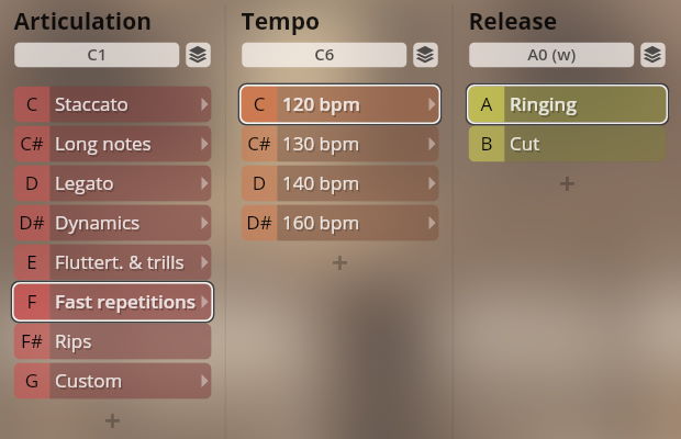 Vienna Symphonic Library Synchron Brass instrument user interface showing articulation, tempo, and release settings including staccato, long notes, legato, dynamics, fluttert. & trills, fast repetitions, rips, custom, 120 bpm, 130 bpm, 140 bpm, 160 bpm, ringing, and cut options.