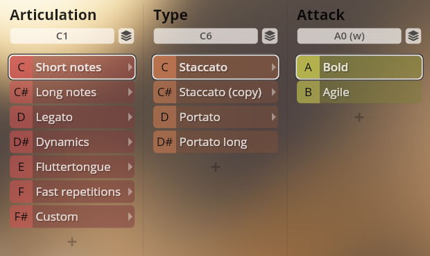 Vienna Symphonic Library Synchron Brass instrument interface showing Articulation, Type, and Attack parameters with options like Short notes, Staccato, and Bold for sound customization.