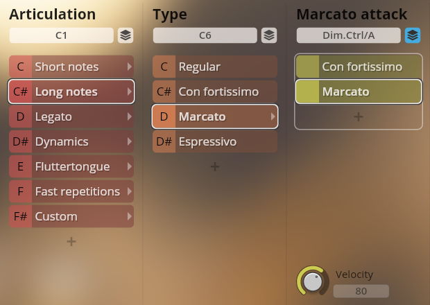 User interface showing articulation, type, and marcato attack settings for Synchron Brass instruments, with Long notes and Marcato selected.