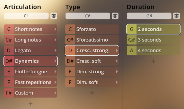 User interface displaying Articulation, Type, and Duration options for Synchron Instruments, showing choices like Dynamics, Cresc. strong, and 2 seconds.