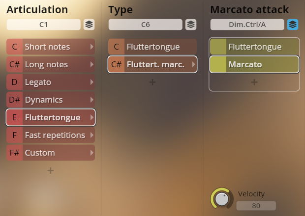 Vienna Symphonic Library Synchron Brass instrument interface showing articulation, type, and marcato attack options, including Fluttertongue and Velocity 80 settings.