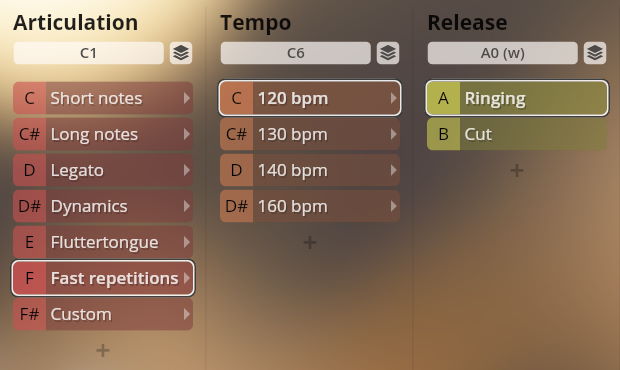 Screenshot of the Vienna Symphonic Library Synchron Brass interface showing articulation, tempo, and release options.