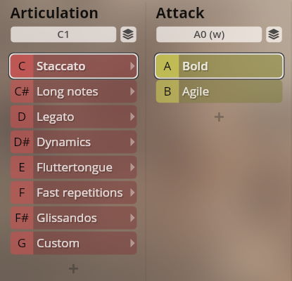 Vienna Symphonic Library Synchron Brass instrument interface showing articulation options like staccato, legato, dynamics, and attack options bold, agile for music production.