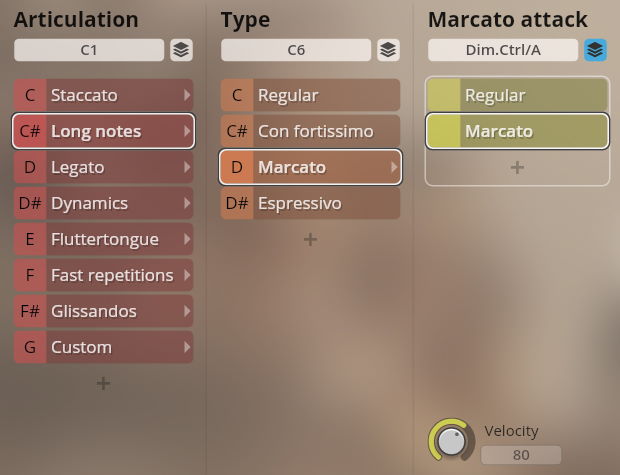 Screenshot of the Vienna Symphonic Library Synchron Brass instrument interface with Long notes and Marcato selected for articulation and type, and Marcato selected for attack.
