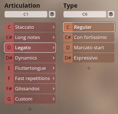 User interface showing Articulation and Type settings for Vienna Symphonic Library Synchron Instruments, with Legato and Regular options selected.