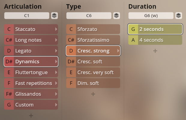 Vienna Symphonic Library Synchron Brass instrument articulations, types, and duration settings for sound design.