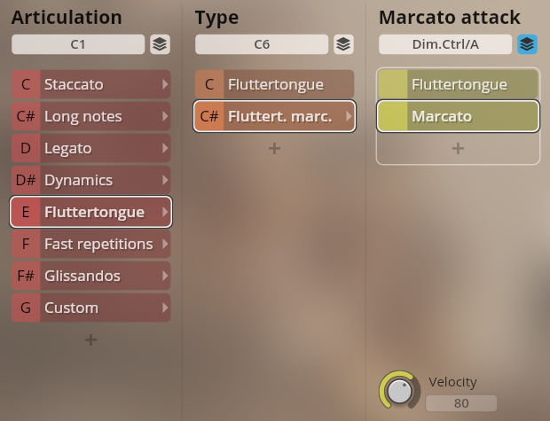 Screenshot of the Vienna Symphonic Library Synchron Instruments software interface, displaying articulation and attack type options for brass samples including Fluttertongue, Marcato, Staccato, Legato, Dynamics, and Glissandos.
