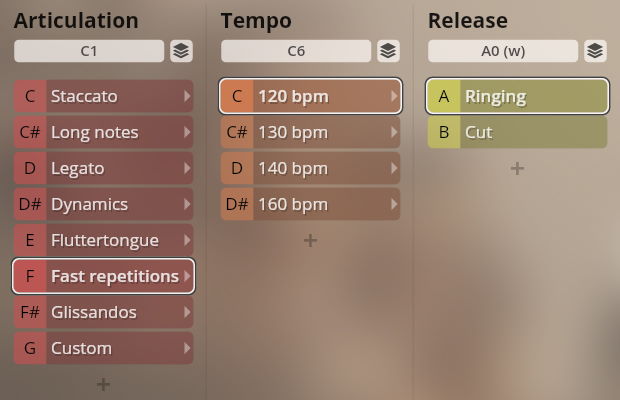 Vienna Symphonic Library Synchron Brass instrument interface showing articulation, tempo, and release settings.