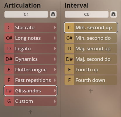A software interface showing musical articulation options like Staccato, Legato, Glissandos, and interval choices for Vienna Symphonic Library Synchron Instruments.