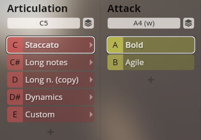 Vienna Symphonic Library Synchron Brass instrument interface showing articulation options like Staccato and Long notes, with attack choices including Bold and Agile.