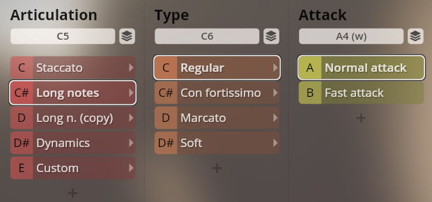 User interface for Vienna Symphonic Library Synchron Brass, showing articulation, type, and attack style options, with Long notes, Regular, and Normal attack highlighted.