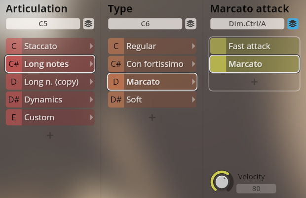 Synchron Brass software interface displaying articulation, type, and Marcato attack settings. Long notes and Marcato types are highlighted, with velocity set to 80.