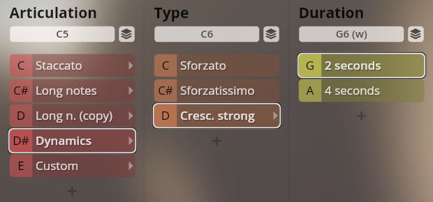 User interface for Vienna Symphonic Library Synchron Brass instrument articulations, types, and durations including Staccato, Dynamics, Sforzato, Cresc. strong, and note length selections.