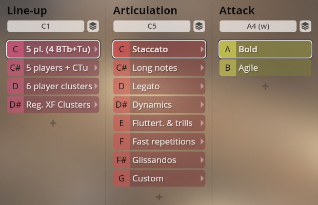 Vienna Symphonic Library Synchron Instruments user interface showing Line-up, Articulation, and Attack settings for brass samples, featuring options like 5 players, staccato, and bold attack.
