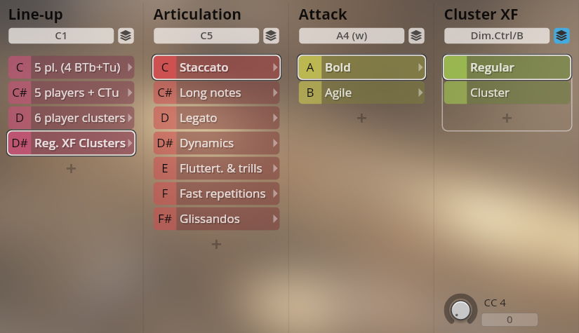 Vienna Symphonic Library Synchron Brass instrument interface showing Line-up, Articulation, Attack, and Cluster XF settings with selected Staccato and Bold options.