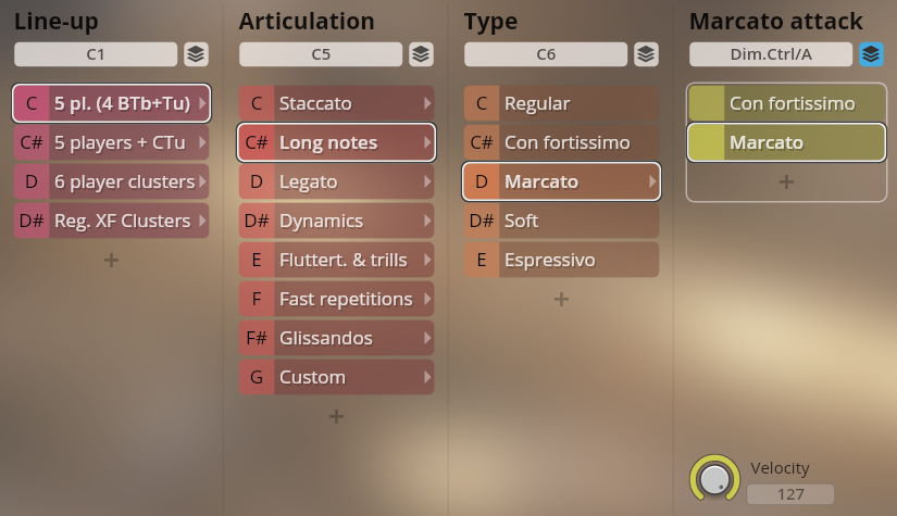 Synchron Brass instrument interface, showing selected long notes articulation, marcato type, and marcato attack options for Vienna Symphonic Library.