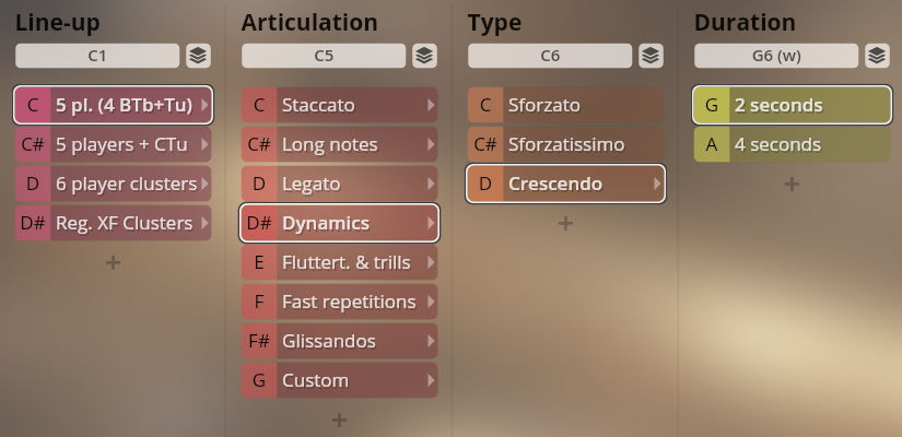 Synchron Brass instrument selection interface displaying options for Line-up, Articulation, Type, and Duration, with 'Dynamics' and 'Crescendo' selected.