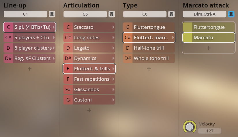 Screenshot of Vienna Symphonic Library Synchron Brass interface showing selectable articulations for musical instruments including Staccato, Legato, Fluttertongue, and Trills.