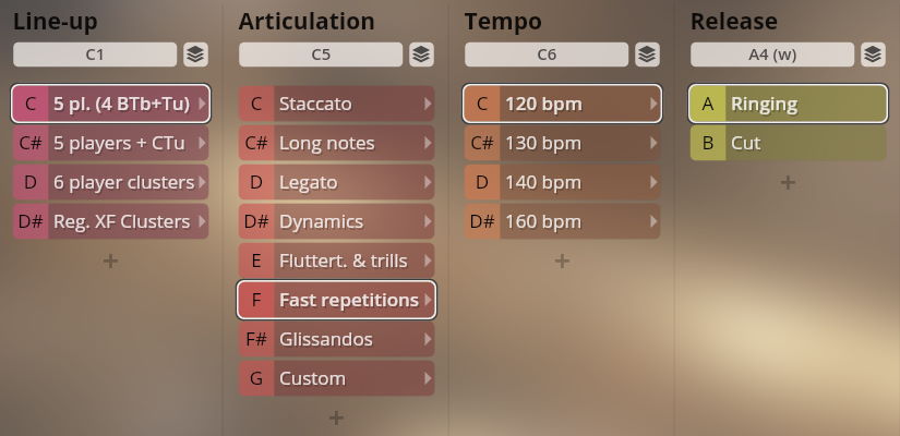 User interface for Vienna Synchron Brass instrument parameters: Line-up, Articulation, Tempo, and Release settings.