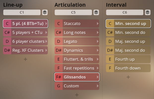Vienna Symphonic Library Synchron Brass instrument interface showing Line-up, Articulation, and Interval options for sound design.