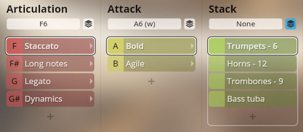 Synchron Brass virtual instrument interface showing articulation, attack, and stack options like Staccato, Bold, Trumpets, Horns, Trombones, and Bass Tuba.