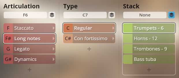 User interface showing Vienna Symphonic Library Synchron Brass instrument articulations, types, and ensemble stack with selections for long notes, regular type, and six trumpets.