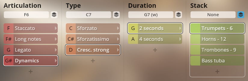 Vienna Symphonic Library Synchron Brass instrument interface showing articulation, type, duration, and stack options for configuring brass sounds like trumpets, horns, trombones, and bass tuba.