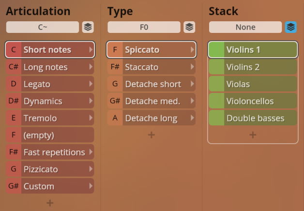 User interface displaying articulation, type, and stack parameters configured for Studio Chamber Strings Sordino, showcasing options like short notes, spiccato, and stacked violins.