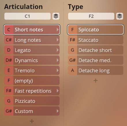 Studio Chamber Strings Sordino user interface showing Articulation and Type options including Spiccato, Staccato, Legato, Tremolo, and Pizzicato.