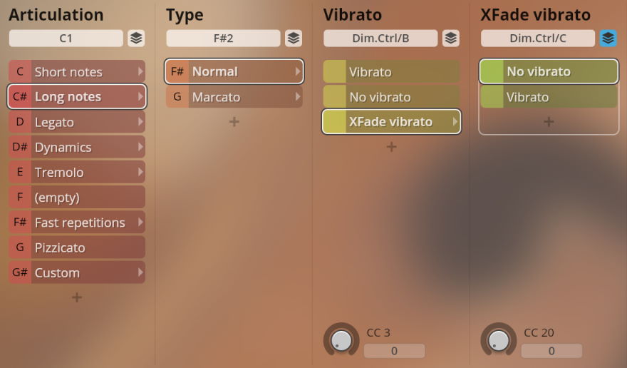 User interface showing articulation, type, vibrato, and XFade vibrato options for string instruments in Studio Chamber Strings Sordino software.