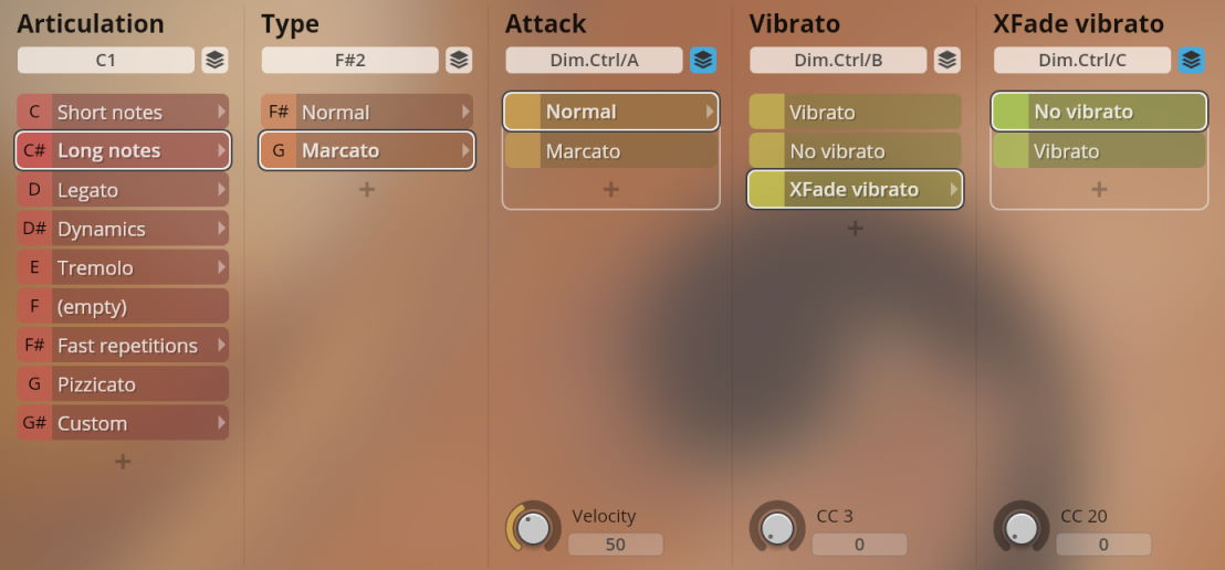 User interface showing articulation, type, attack, vibrato, and XFade vibrato controls with Long Notes selected in the Studio Chamber Strings Sordino plugin.