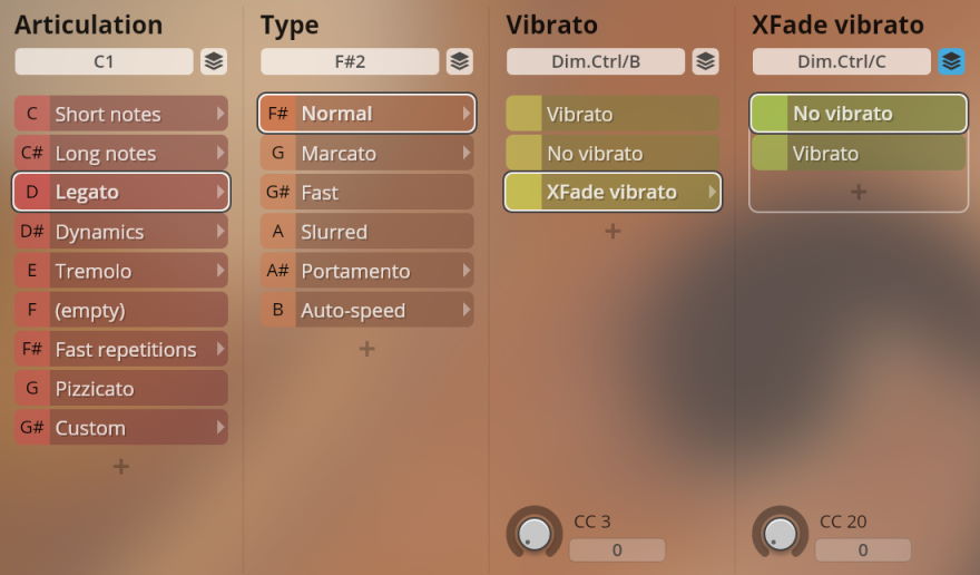 User interface showing articulation, type, vibrato, and crossfade vibrato selections for Studio Chamber Strings Sordino, with Legato and XFade vibrato highlighted.