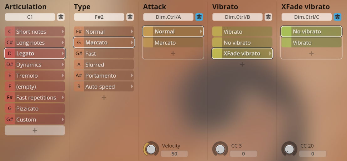 Studio Chamber Strings Sordino user interface showing articulation, type, attack, vibrato, and XFade vibrato controls with Legato, Marcato, Normal, and XFade Vibrato selected.