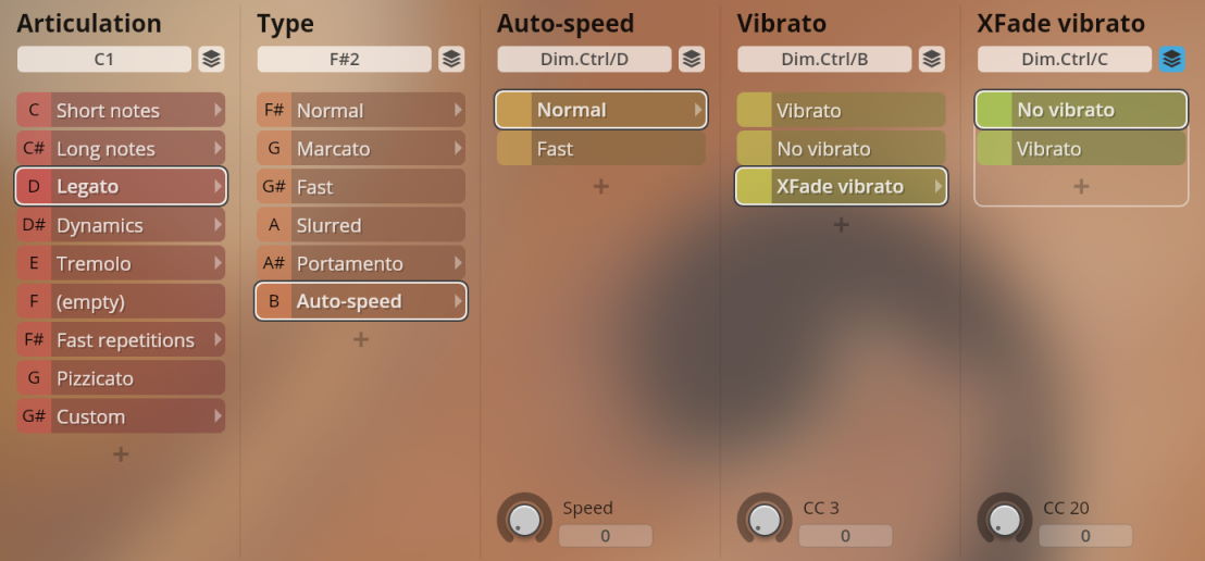 Studio Chamber Strings Sordino plugin interface showing Articulation, Type, Auto-speed, Vibrato, and XFade vibrato settings, with Legato, XFade vibrato, and No vibrato options highlighted.