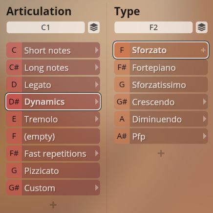 User interface for Studio Chamber Strings Sordino showing musical articulations like Short notes, Legato, Dynamics, Tremolo, Pizzicato and performance types such as Sforzato, Fortepiano, Crescendo, Diminuendo.